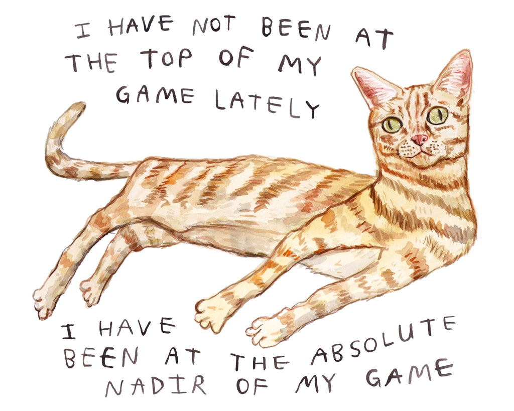 An orange cat painted in watercolour by Heather Buchanan. it is wonky and walleyed, with text that reads: I have not been at the top of my game lately. i have been at the absolute nadir of my game.